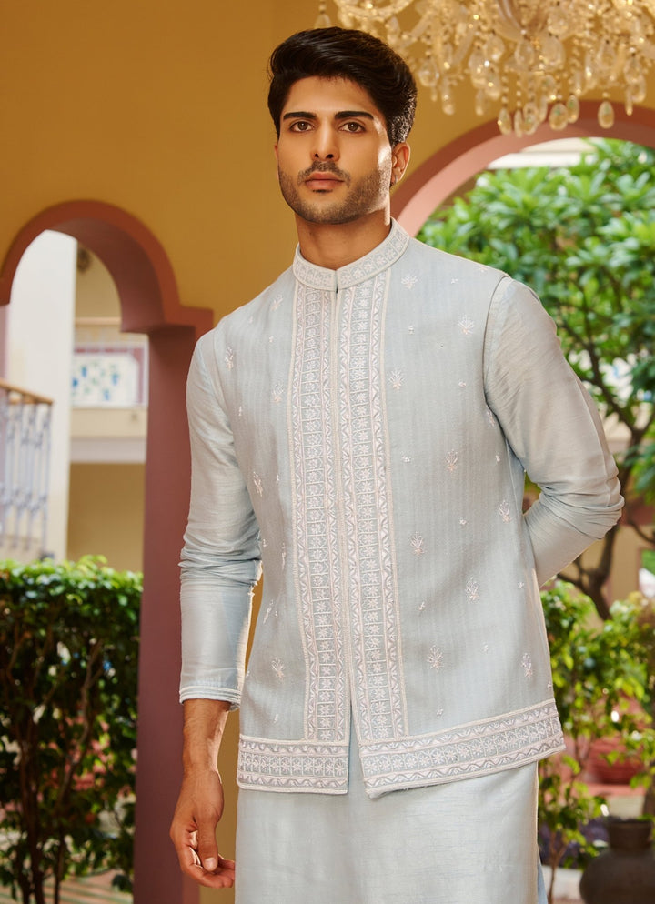 Powder Blue Silk Nehru Jacket Set Contrast By Parth - Fabilicious Fashion