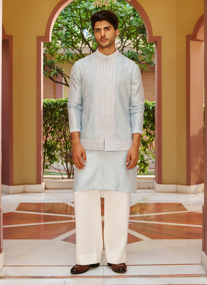 Powder Blue Silk Nehru Jacket Set Contrast By Parth - Fabilicious Fashion