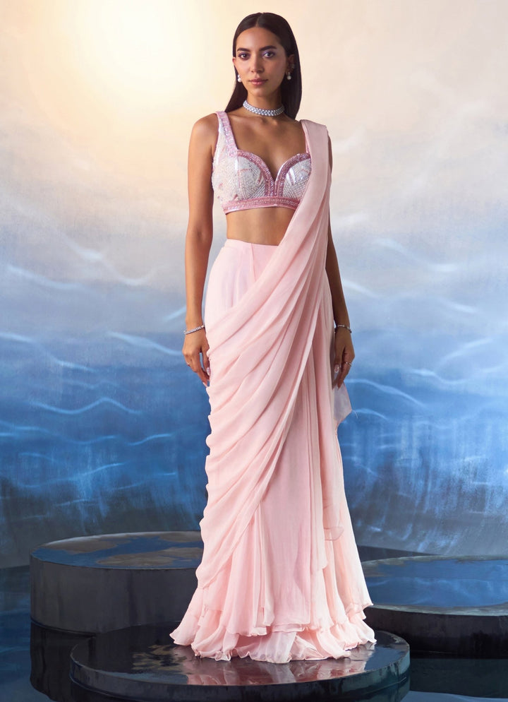 Powder Pink Sequined Georgette Predraped Saree Angad Singh - Fabilicious Fashion