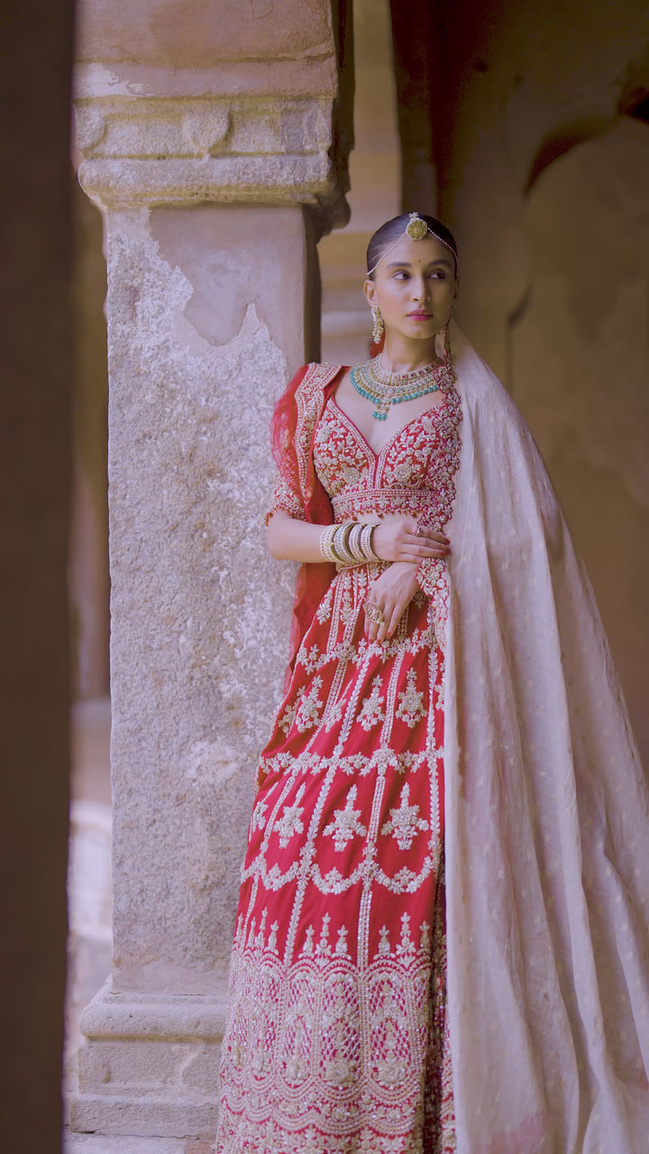 Scarlet Red Bridal Lehenga With Gold Floral Detailing