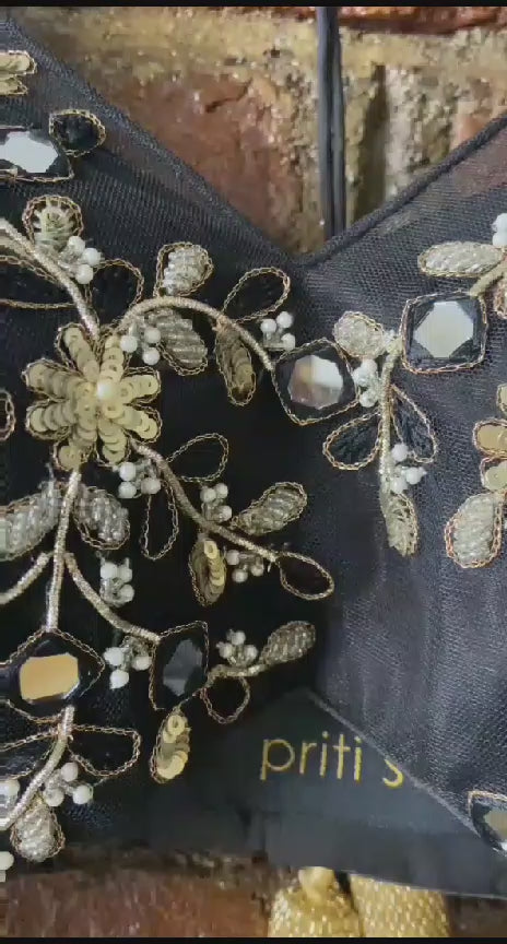 Black And Muted Gold Floral Embroidered Lehenga