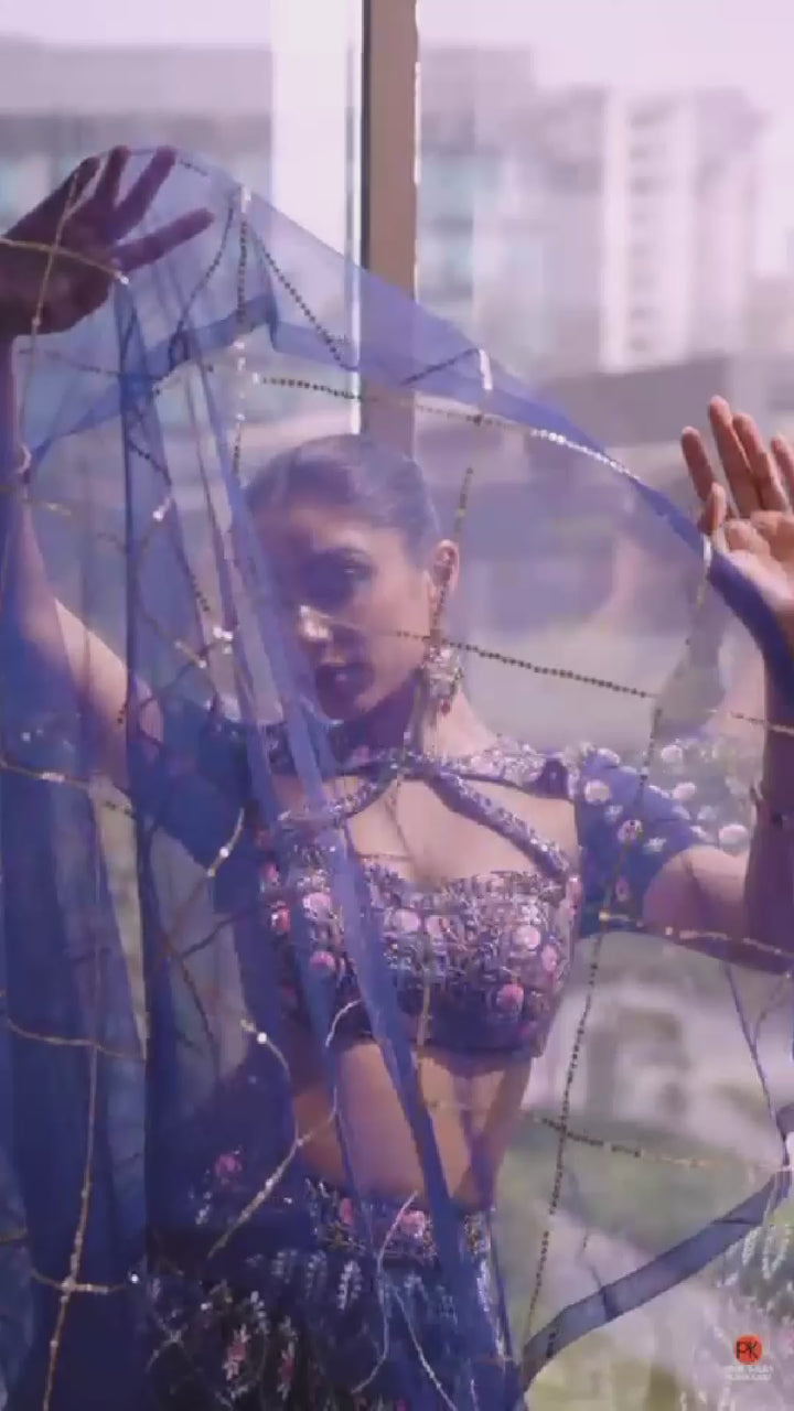 Royal Blue Printed Velvet Lehenga