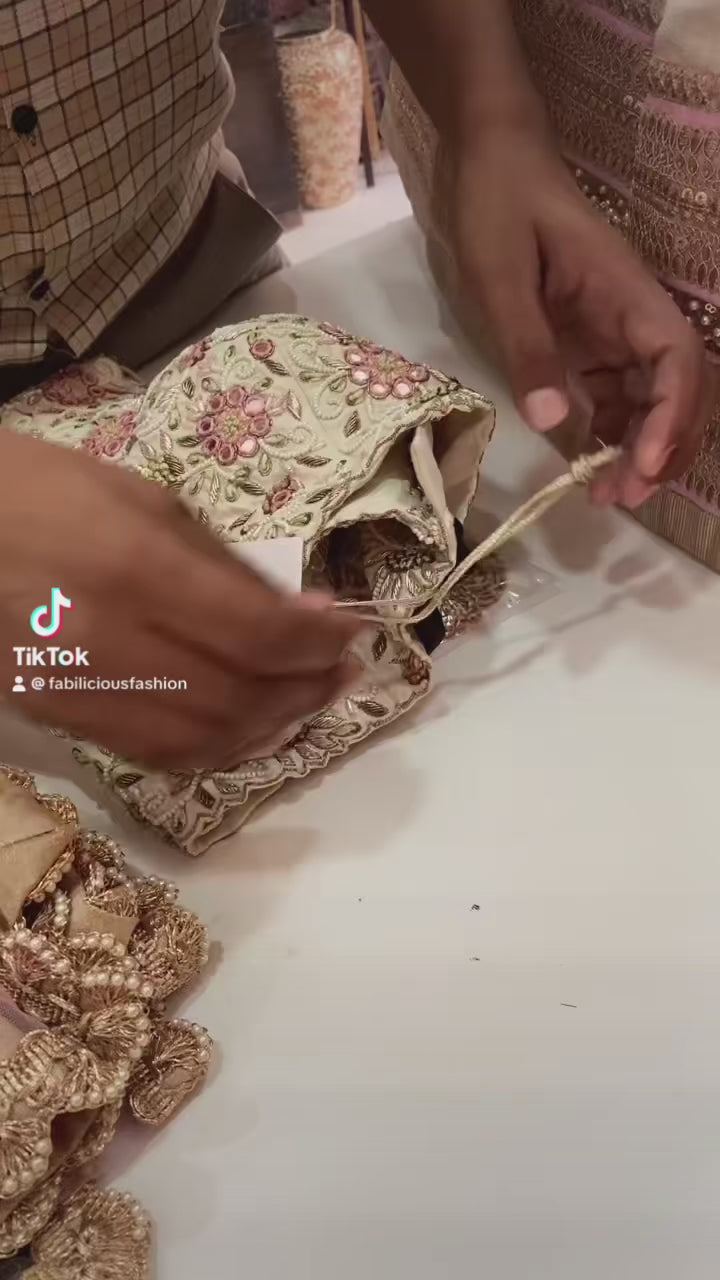 Ivory And Pink Thread And Mirror Work Lehenga