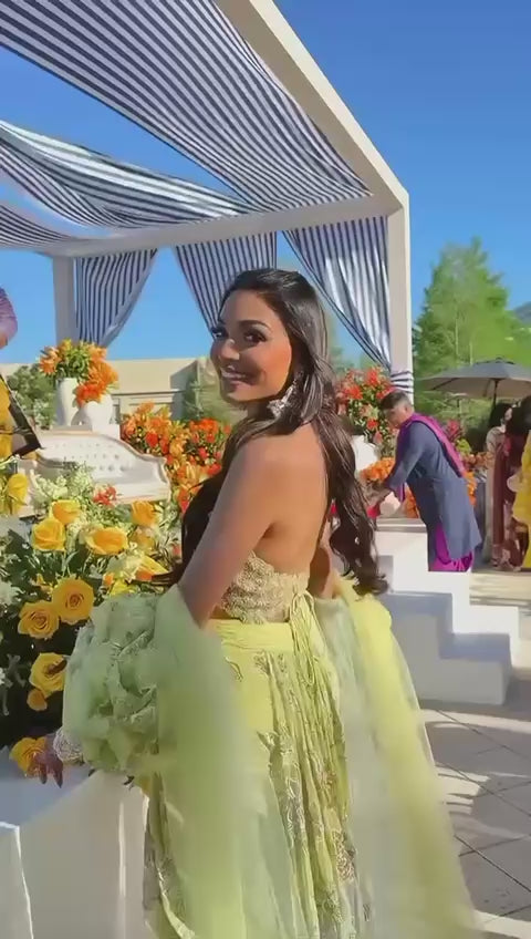 Yellow And Aqua Blue Ombre Embroidered Draped Skirt Set