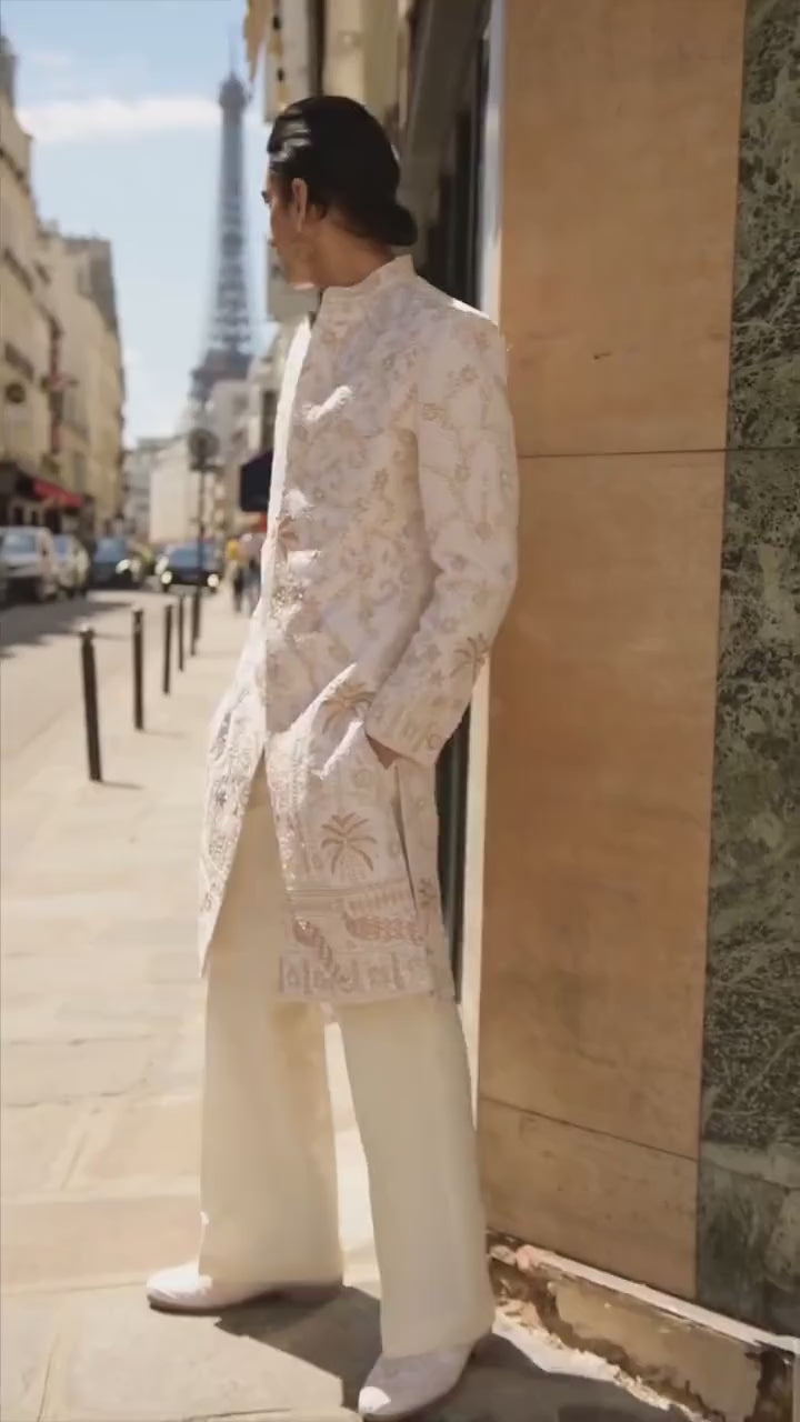 Ivory And Gold Embroidered Silk Sherwani Set With Dupatta