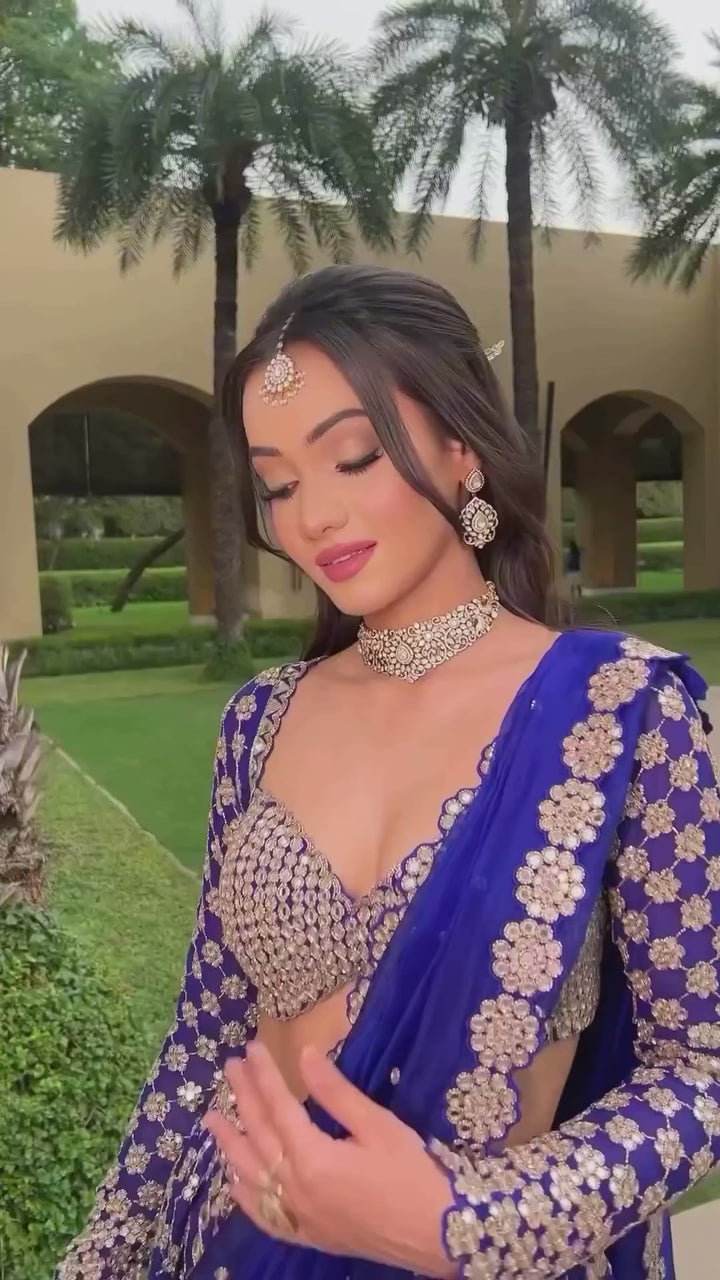 Blue Flower Embroidered Lehenga With Full Sleeves Blouse