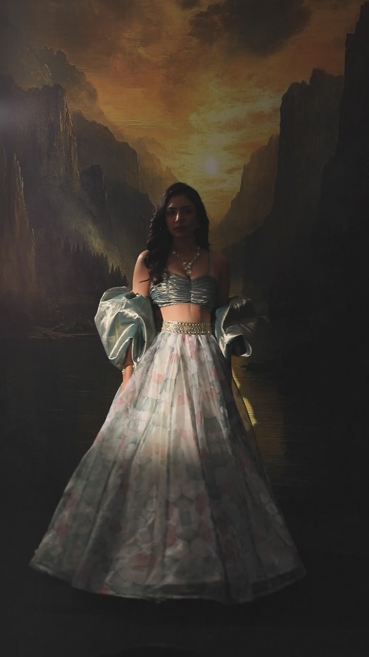 White And Mint Green Printed And Embroidered Organza Lehenga