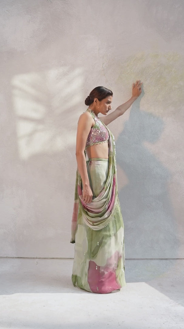 Mint Green Embellished Pre-Draped Chiffon Saree
