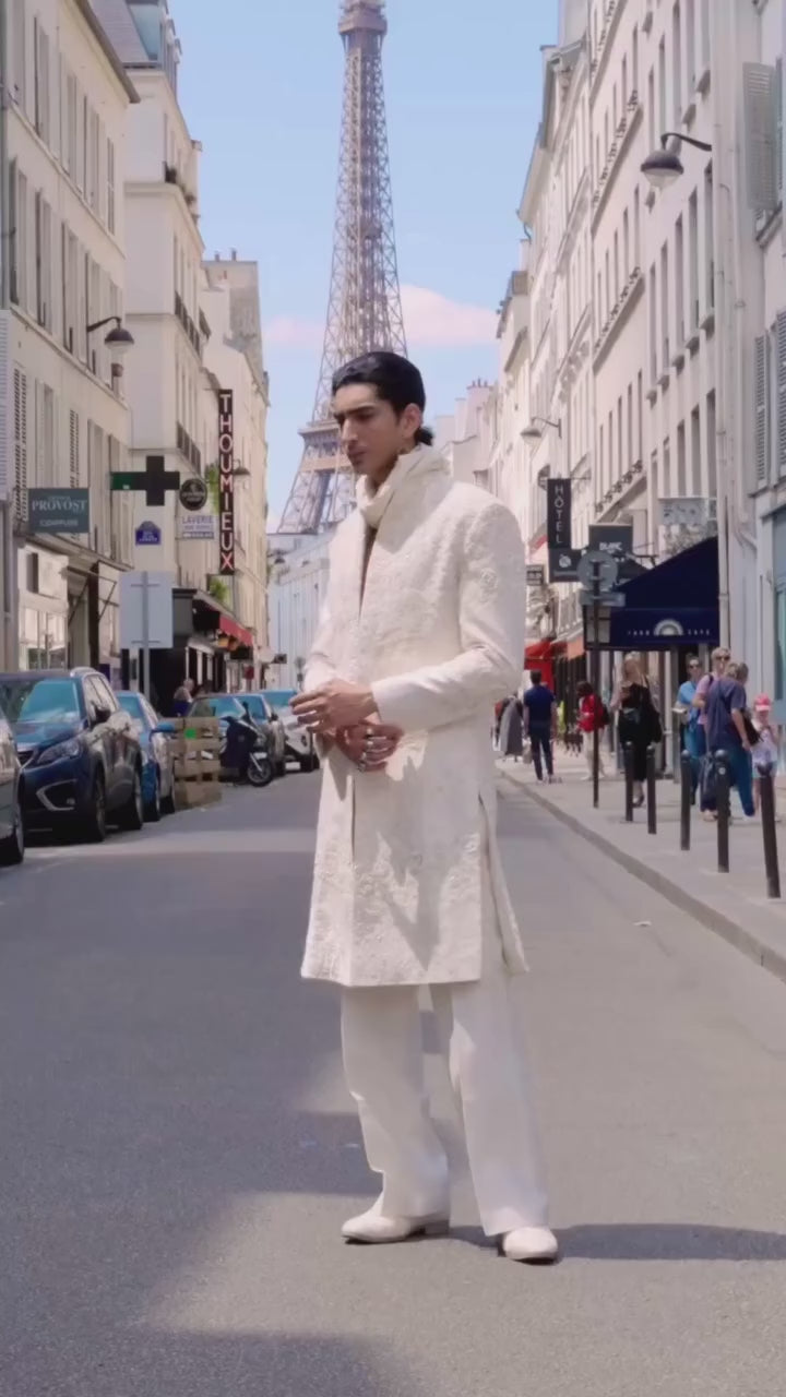 White Embroidered Sherwani Set With Dupatta