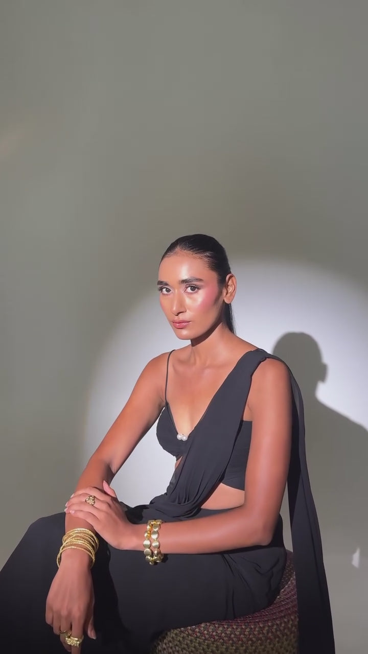 Black Predraped Pure Georgette Ruffle Saree With Bralette