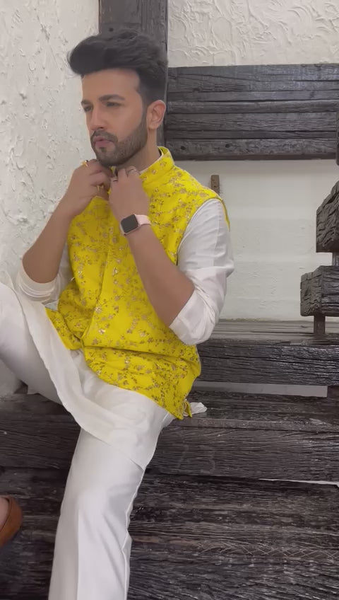 Ivory Cotton Kurta Set With Zari Work Yellow Vest