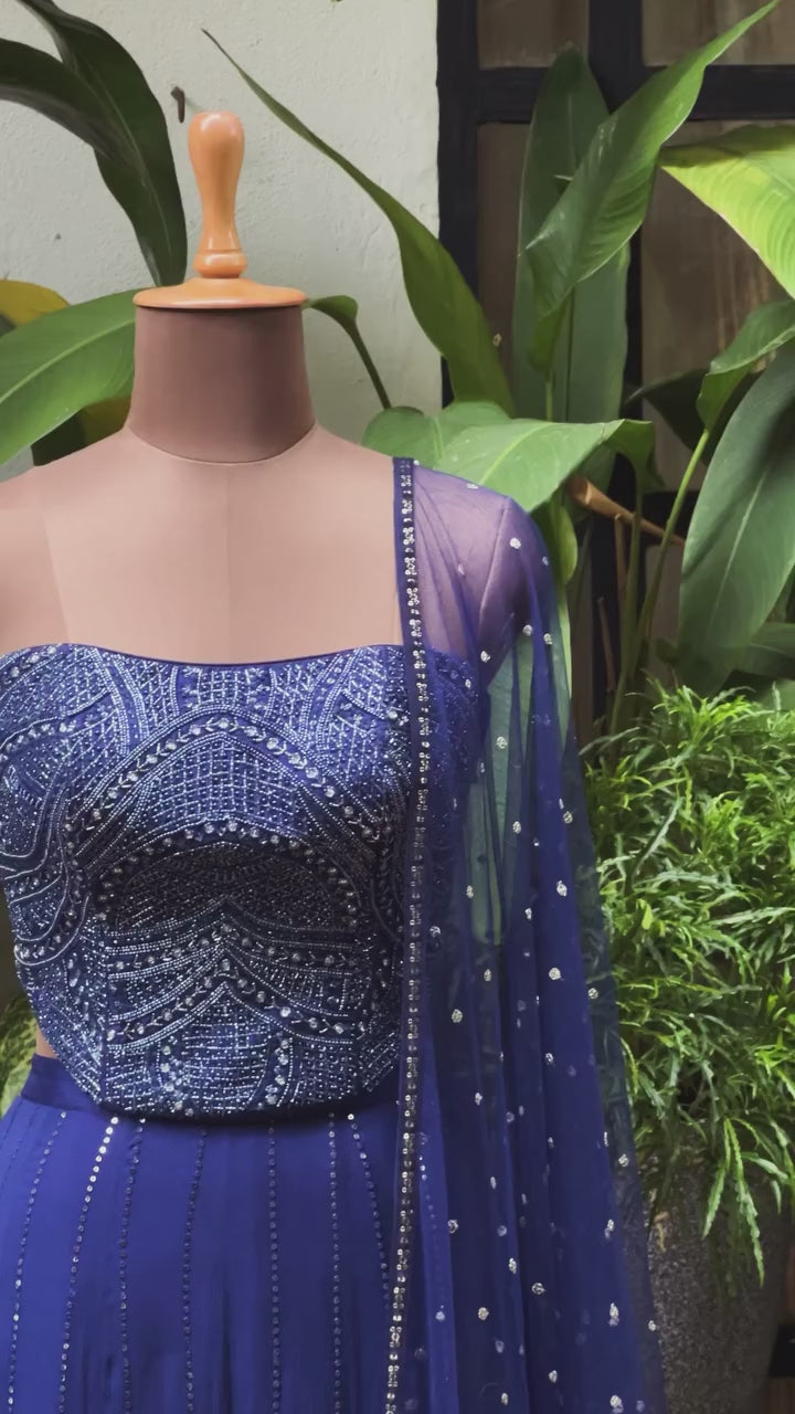 Deep Blue Sequin Embroidered Skirt With Corset