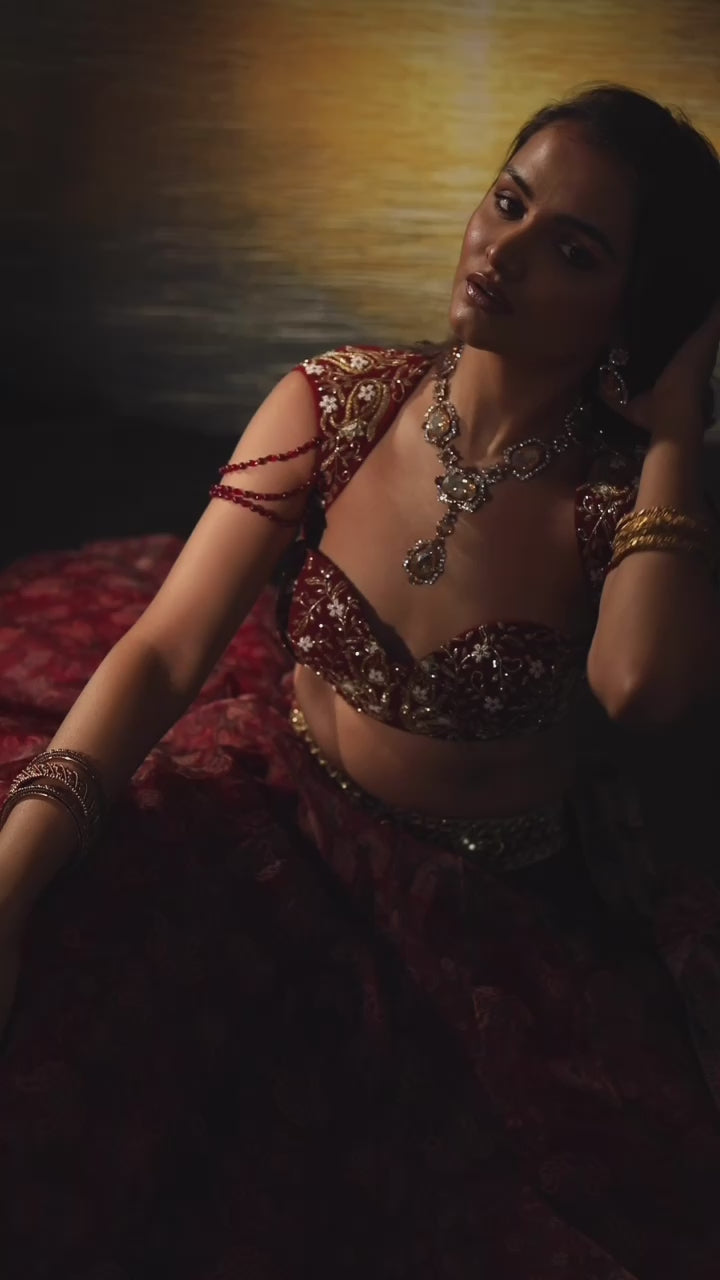 Maroon Floral Printed And Embroidered Organza Lehenga