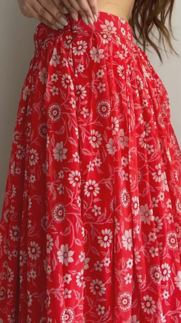 Red Floral Printed Georgette Lehenga With Net Dupatta