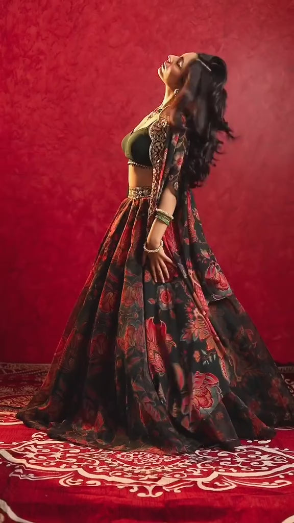 Pine Green Printed Embroidered Lehenga Cape Set