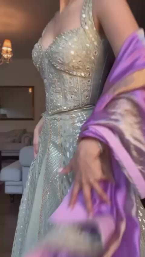 Green Embroidered Organza Lehenga