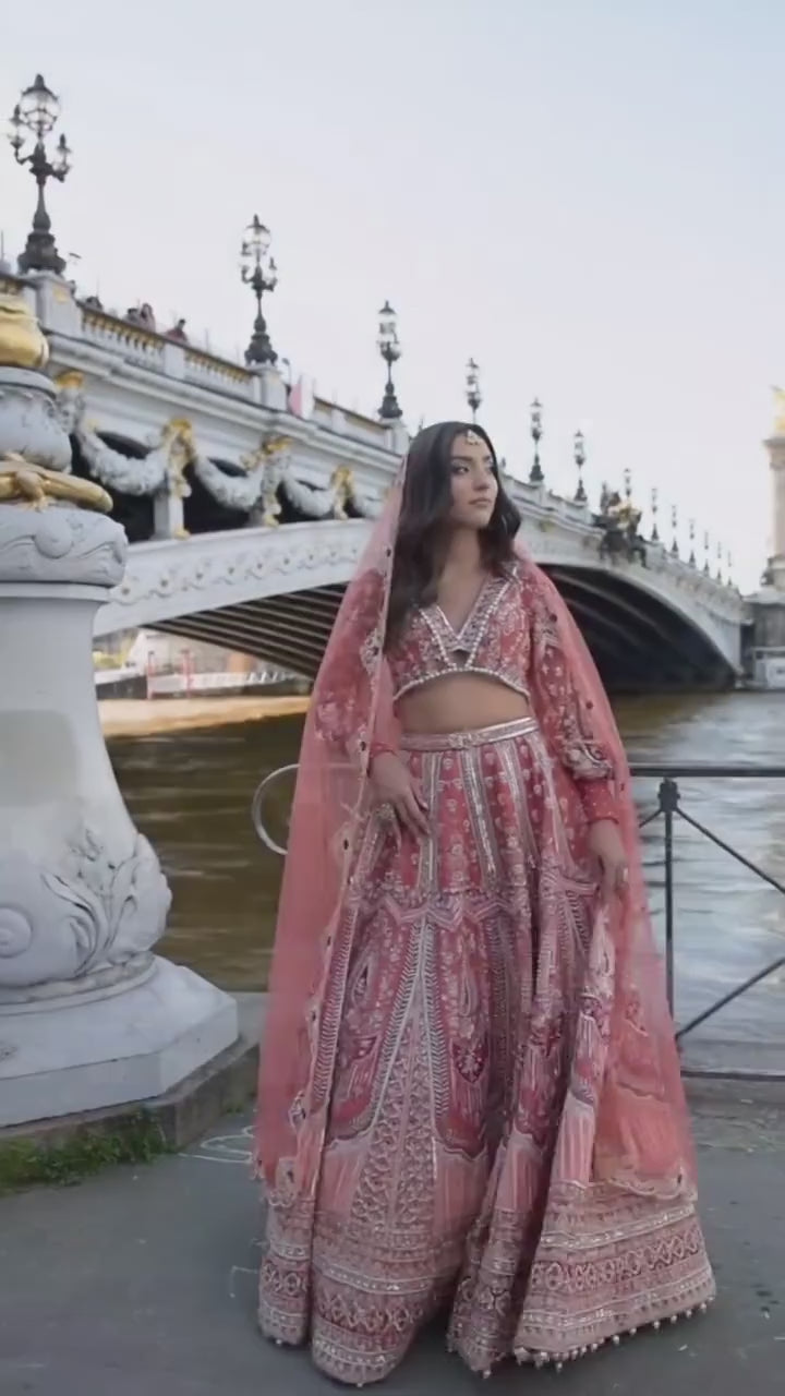 Red Embroidered Bridal Lehenga With Puff Sleeve Blouse