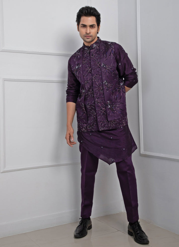 Purple Embroidered Nehru Jacket With Kurta Pant Set Smriti - Fabilicious Fashion