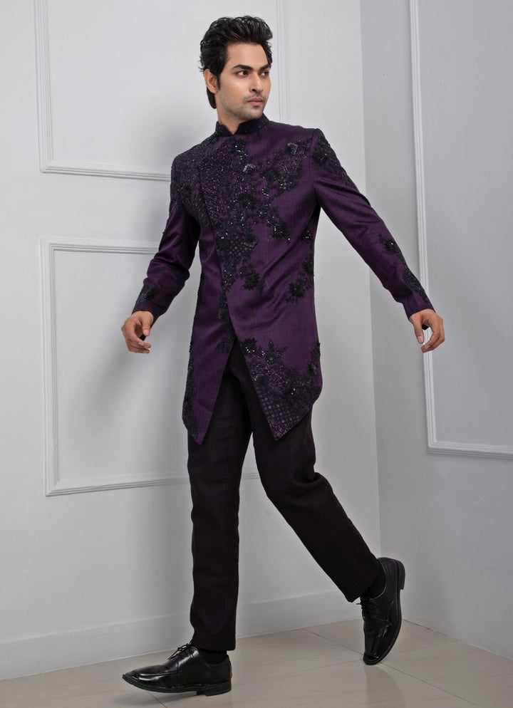 Purple Embroidered Satin Bandhgala Set Smriti - Fabilicious Fashion