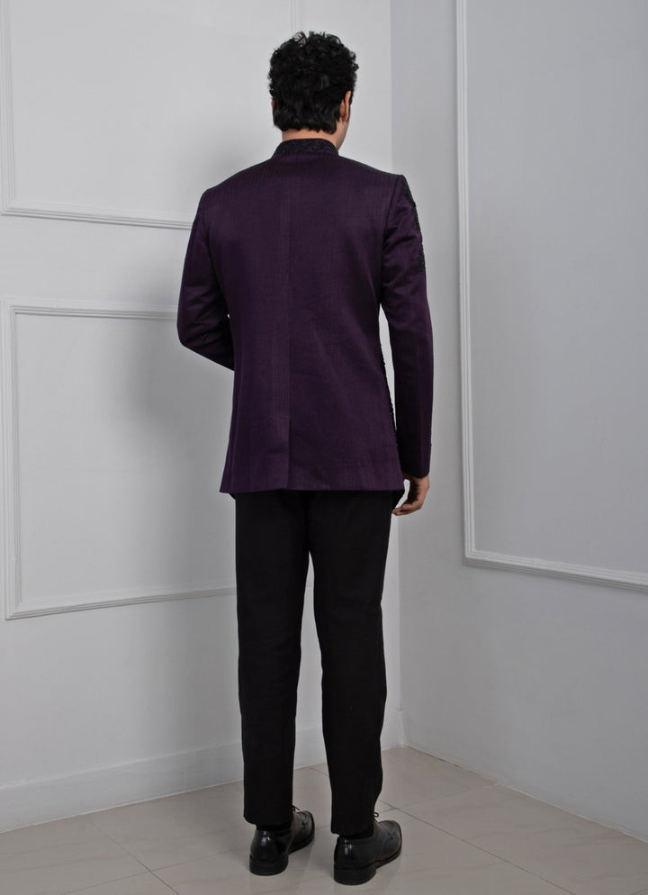 Purple Embroidered Satin Bandhgala Set Smriti - Fabilicious Fashion