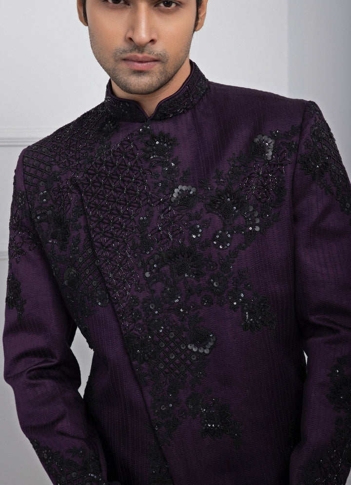 Purple Embroidered Satin Bandhgala Set Smriti - Fabilicious Fashion