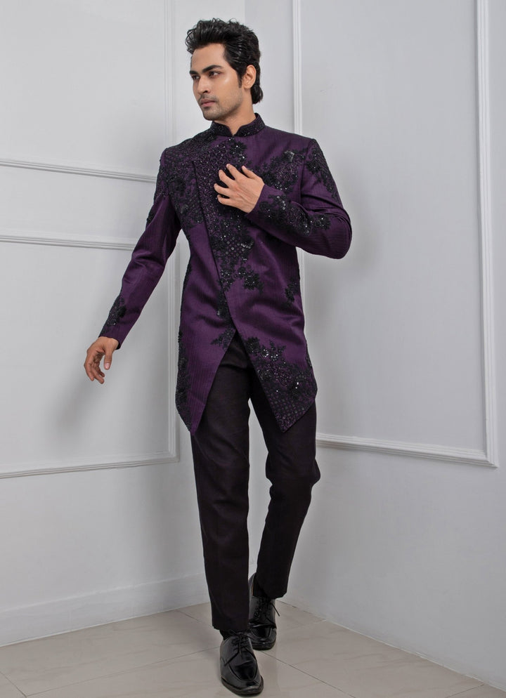 Purple Embroidered Satin Bandhgala Set Smriti - Fabilicious Fashion