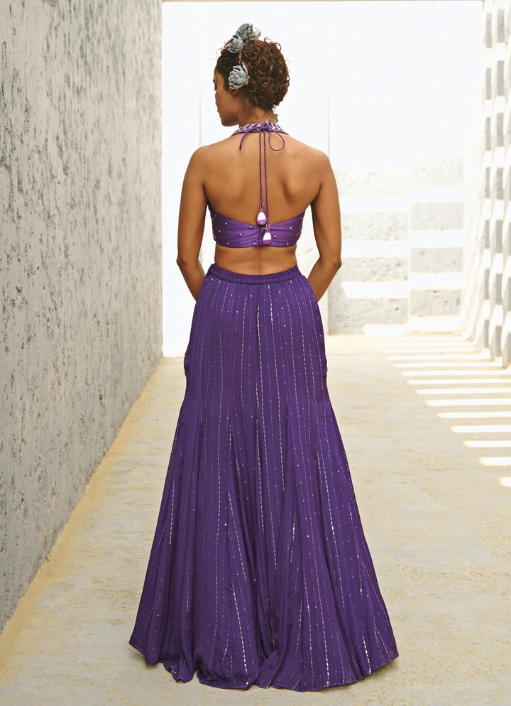 Purple Sequin Embroidered Georgette Skirt Set Chamee and Palak - Fabilicious Fashion