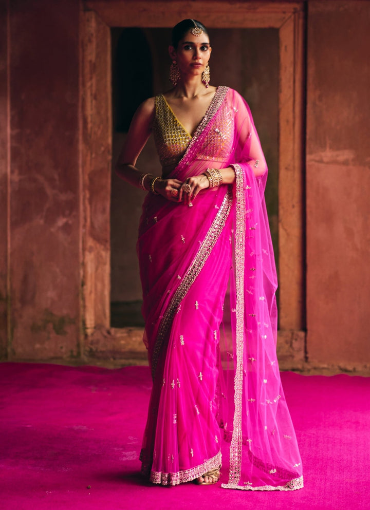 Rani Pink Embroidered Net Saree With Gold Blouse Angad Singh - Fabilicious Fashion