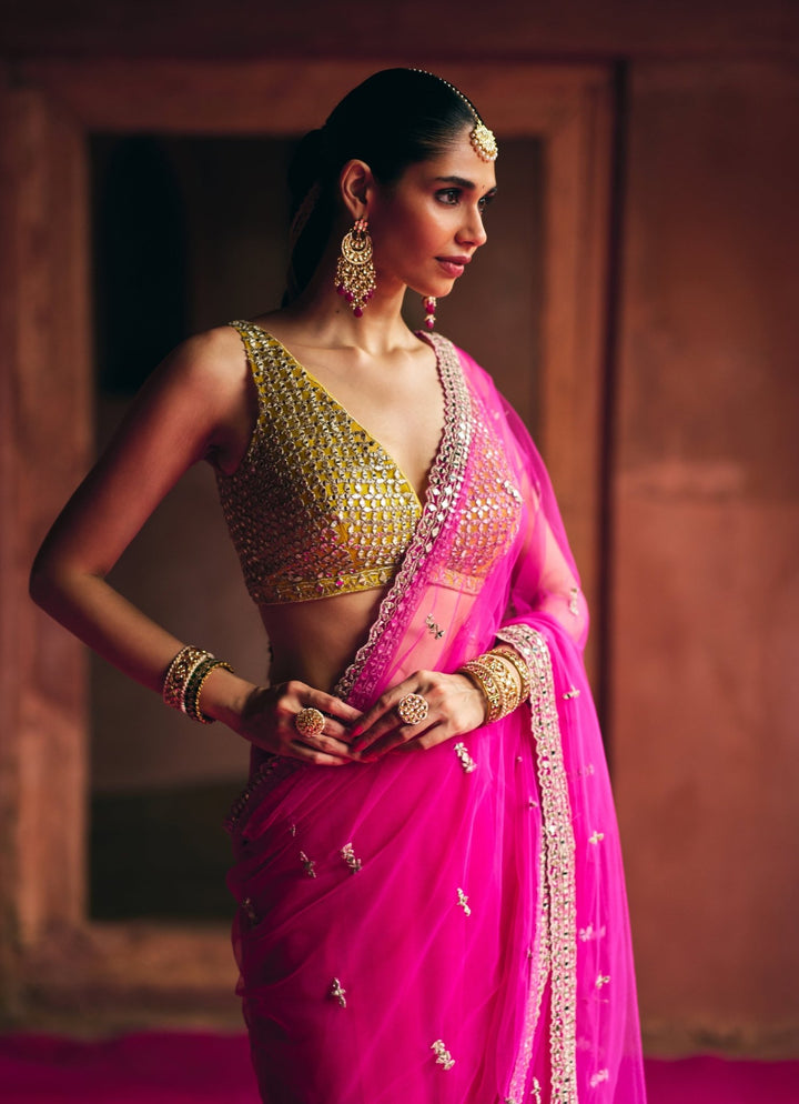Rani Pink Embroidered Net Saree With Gold Blouse Angad Singh - Fabilicious Fashion