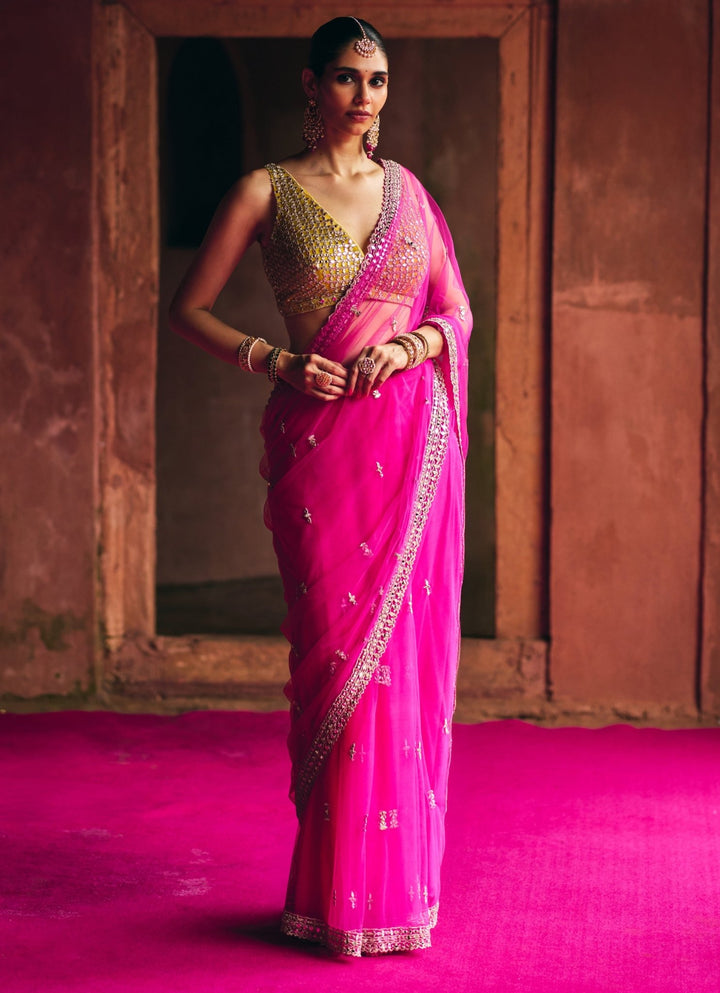 Rani Pink Embroidered Net Saree With Gold Blouse Angad Singh - Fabilicious Fashion