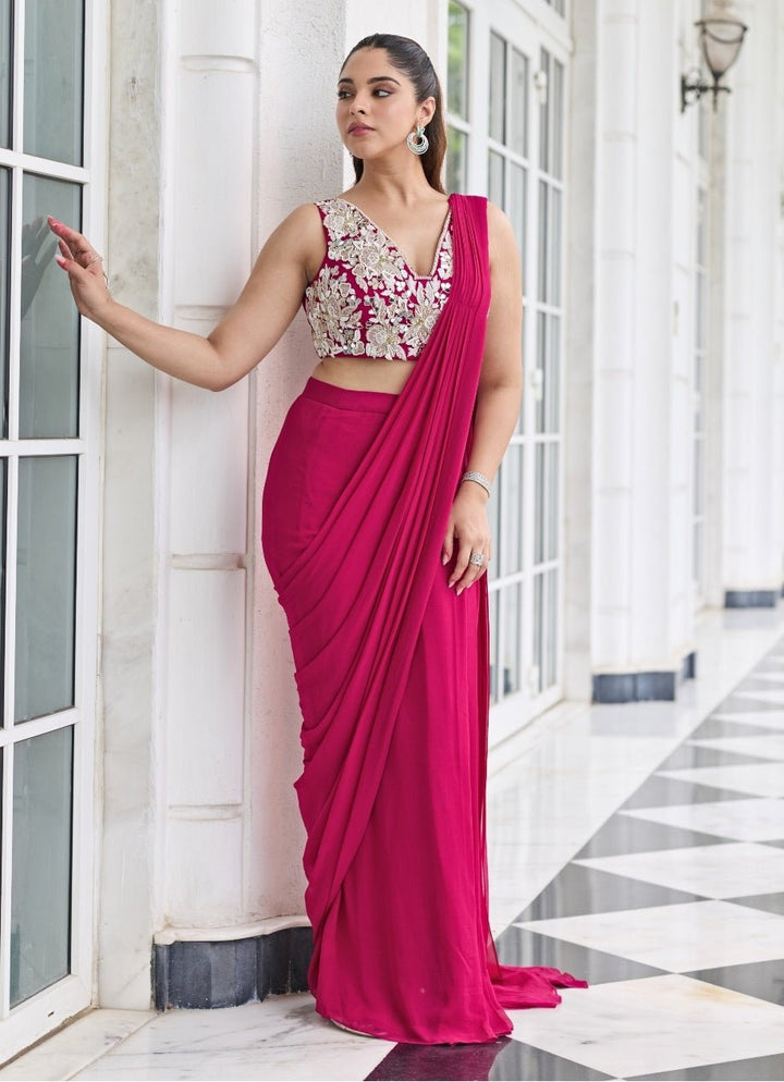 Rani Pink Georgette Pre Draped Saree Seema Thukral - Fabilicious Fashion