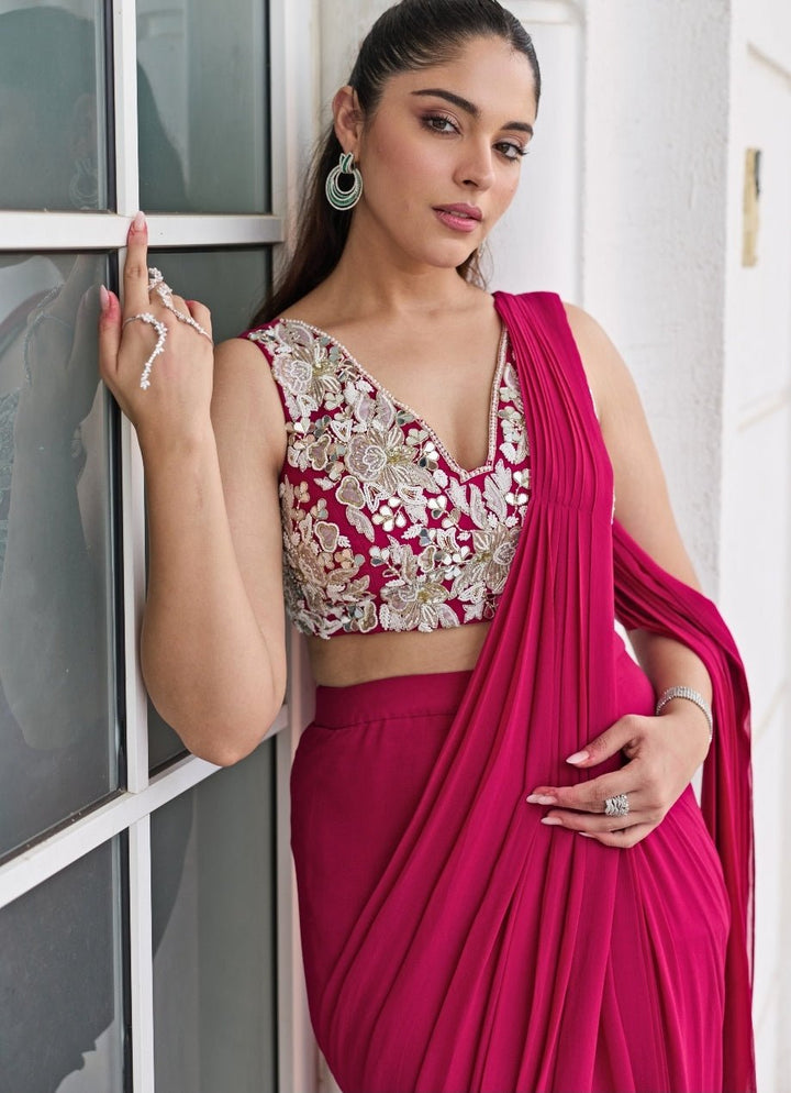 Rani Pink Georgette Pre Draped Saree Seema Thukral - Fabilicious Fashion