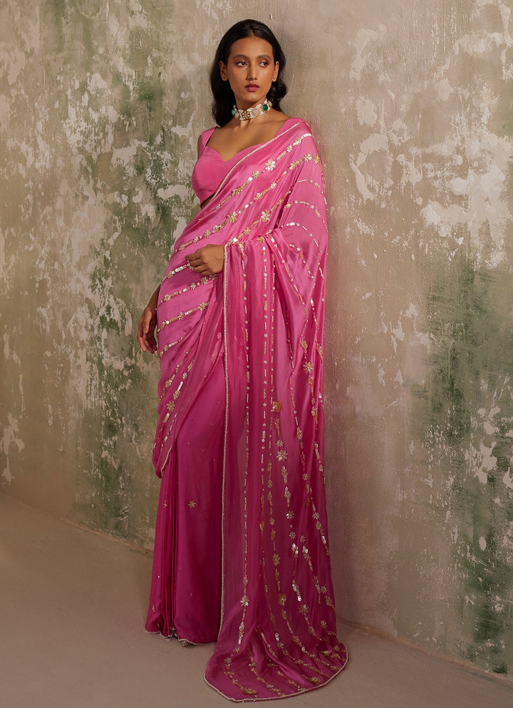 Rani Pink Pre - Stitched Satin and Chiffon Saree Zoon Tribe - Fabilicious Fashion