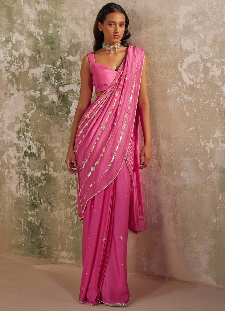 Rani Pink Pre - Stitched Satin and Chiffon Saree Zoon Tribe - Fabilicious Fashion
