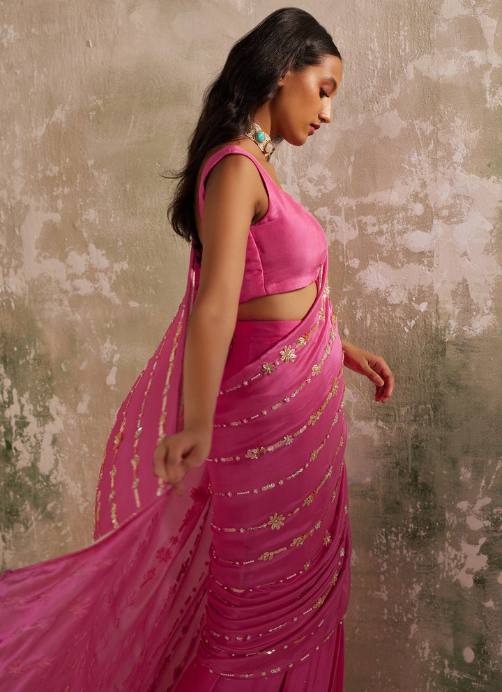 Rani Pink Pre - Stitched Satin and Chiffon Saree Zoon Tribe - Fabilicious Fashion