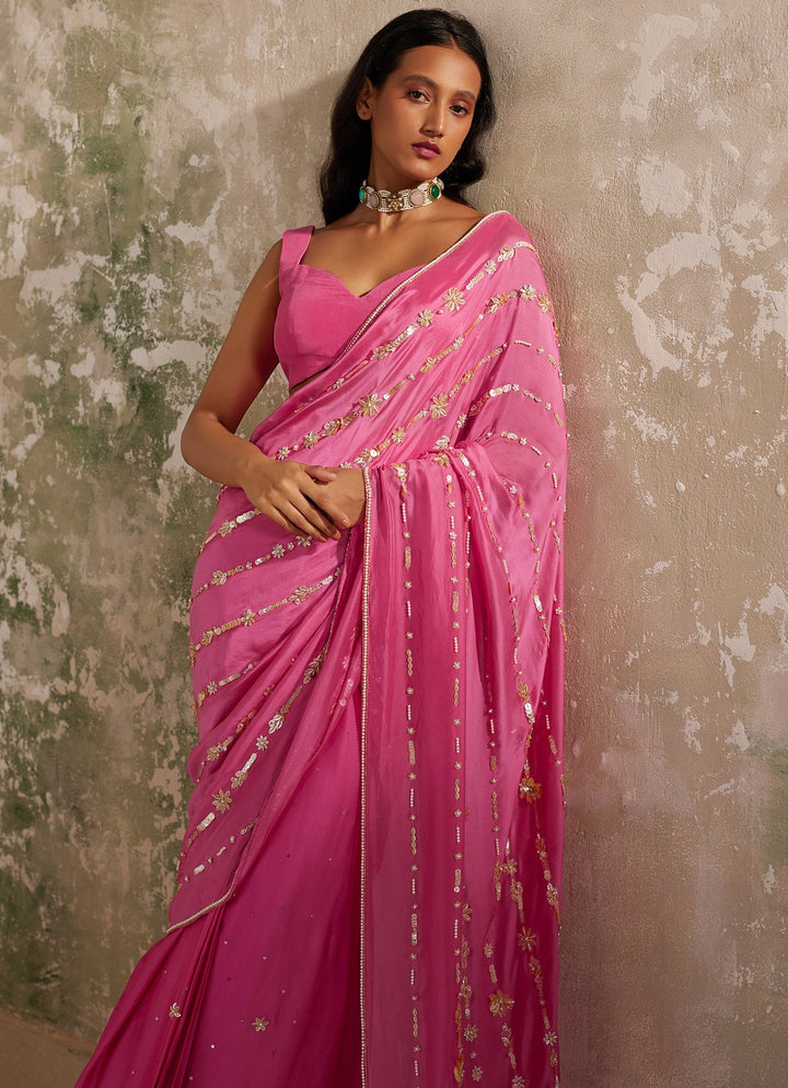 Rani Pink Pre - Stitched Satin and Chiffon Saree Zoon Tribe - Fabilicious Fashion