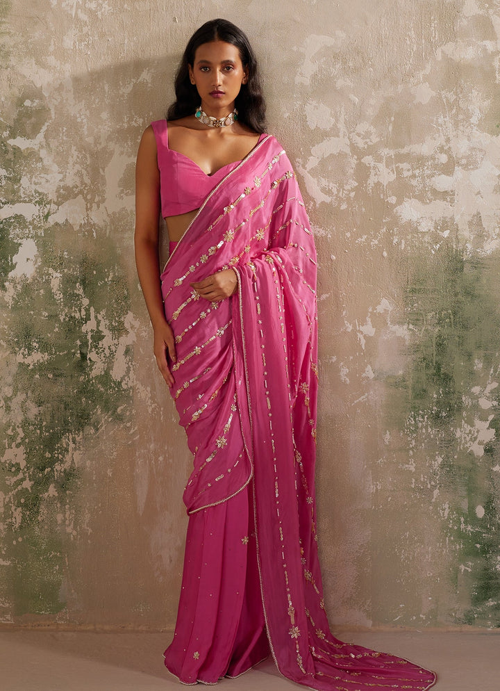 Rani Pink Pre - Stitched Satin and Chiffon Saree Zoon Tribe - Fabilicious Fashion