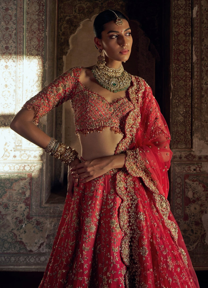 Red Coral Ombre Embroidered Lehenga Set Nitika Gujral - Fabilicious Fashion