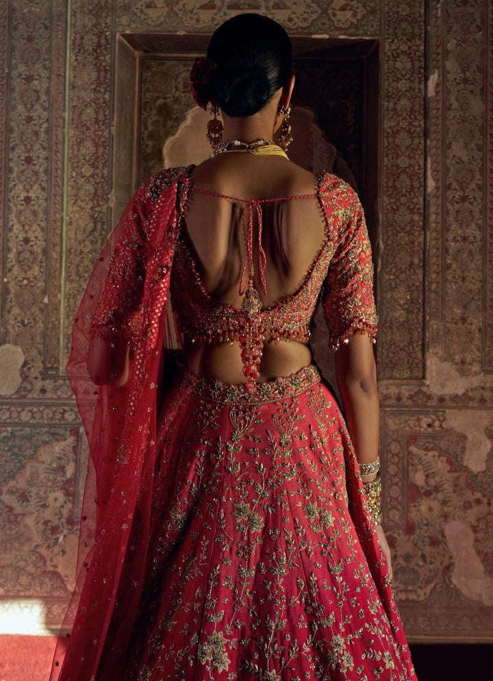 Red Coral Ombre Embroidered Lehenga Set Nitika Gujral - Fabilicious Fashion