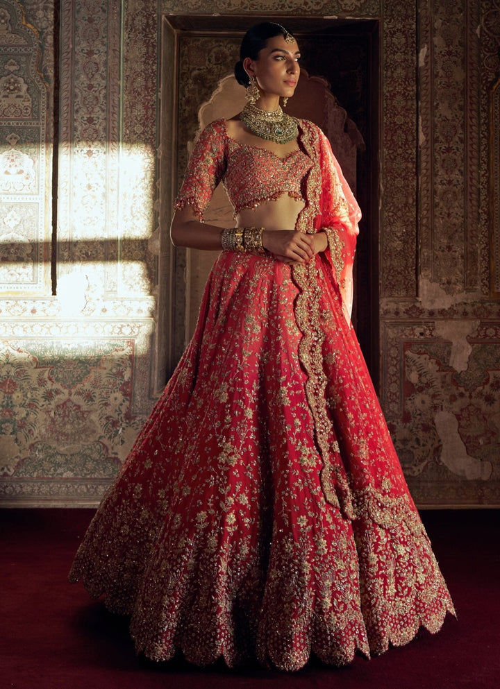 Red Coral Ombre Embroidered Lehenga Set Nitika Gujral - Fabilicious Fashion