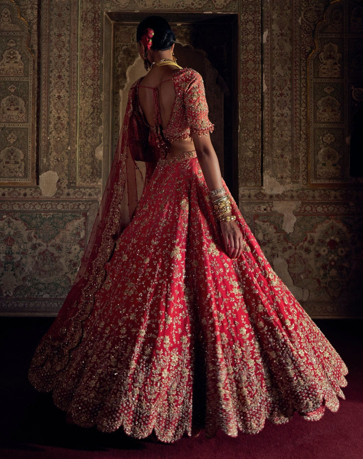 Red Coral Ombre Embroidered Lehenga Set Nitika Gujral - Fabilicious Fashion