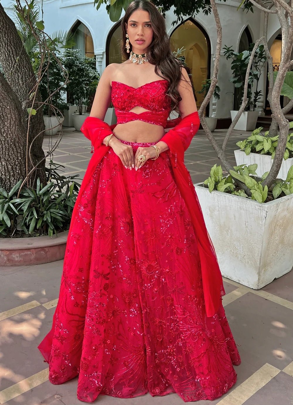 Red Embellished Satin Bridal Lehenga Set with Belt