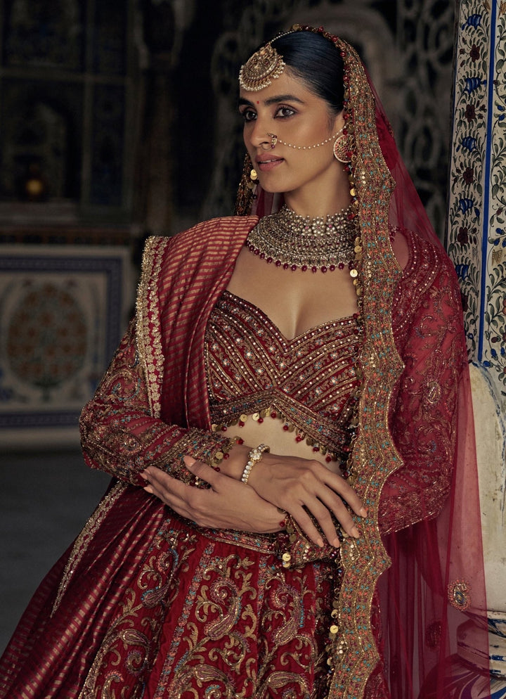 Red Embroidered Bridal Lehenga Set Nitika Gujral - Fabilicious Fashion