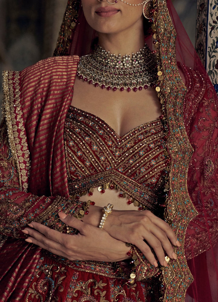 Red Embroidered Bridal Lehenga Set Nitika Gujral - Fabilicious Fashion