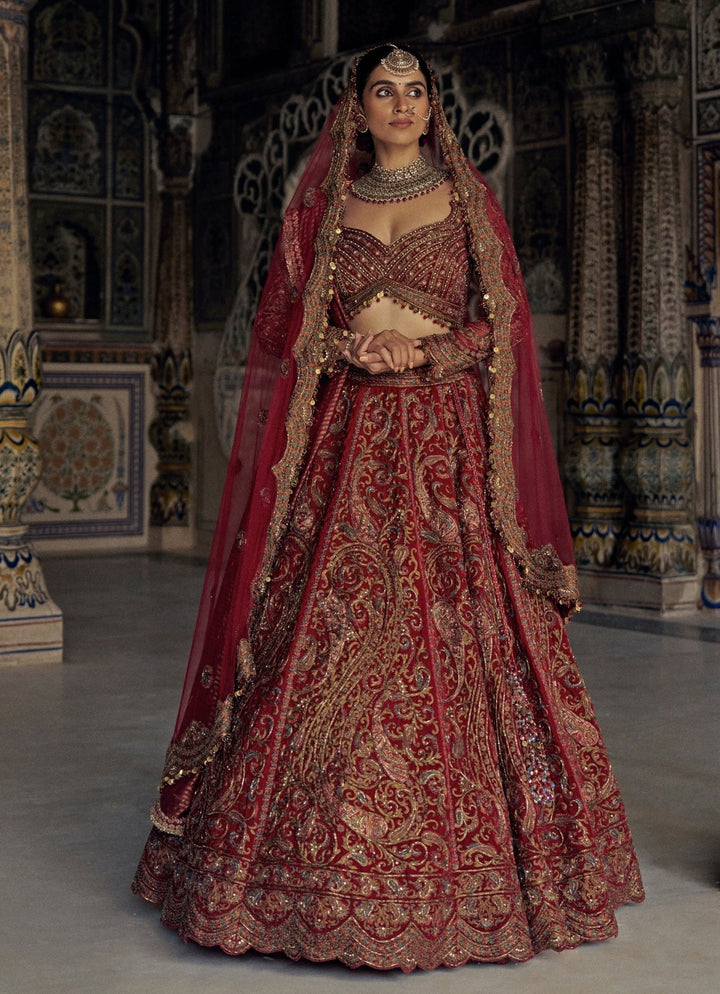 Red Embroidered Bridal Lehenga Set Nitika Gujral - Fabilicious Fashion