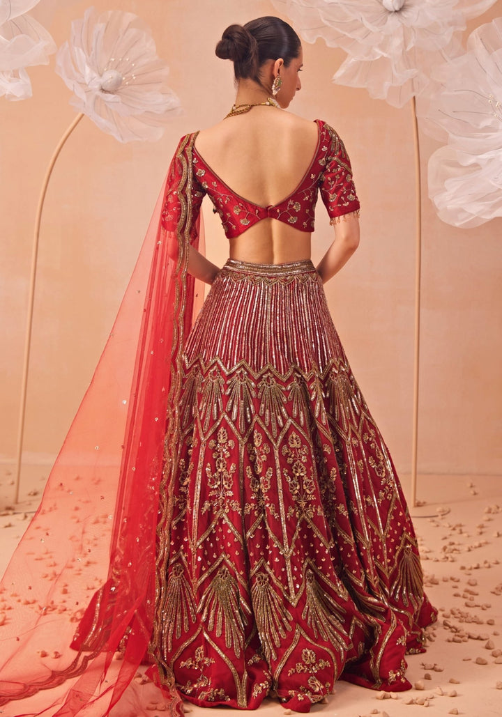 Red Embroidered Bridal Lehenga Set Parul Gandhi - Fabilicious Fashion
