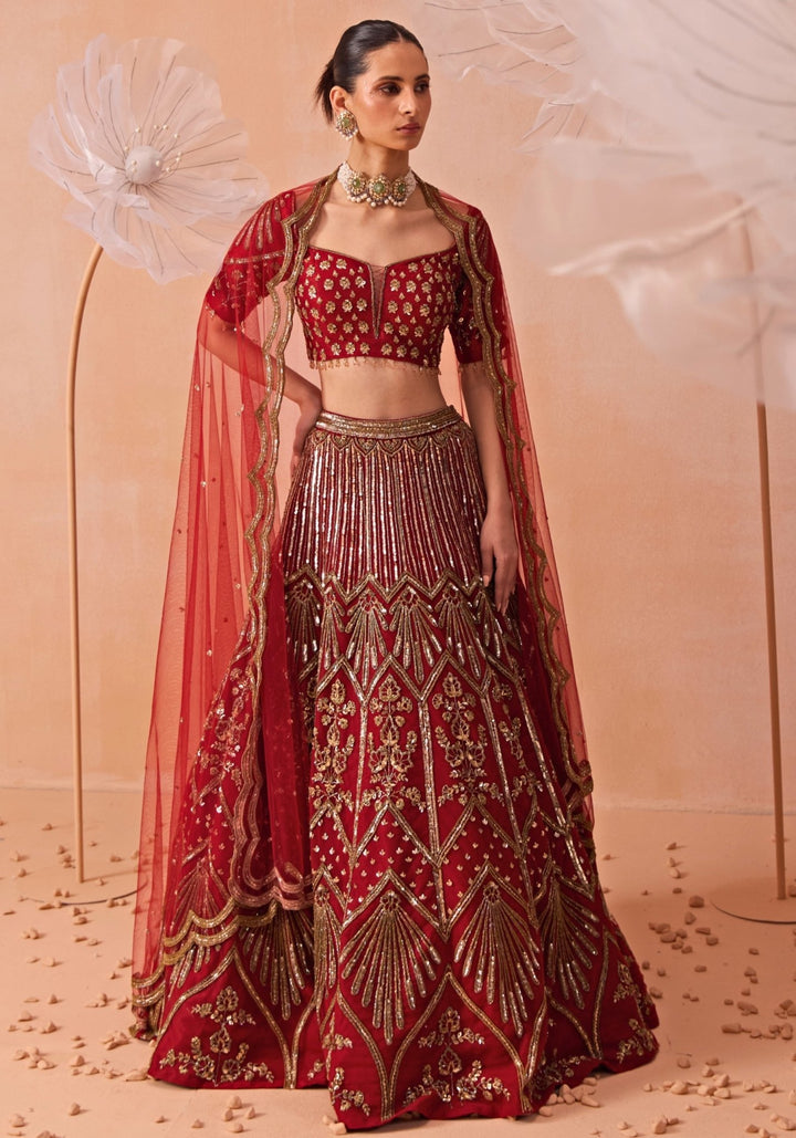 Red Embroidered Bridal Lehenga Set Parul Gandhi - Fabilicious Fashion
