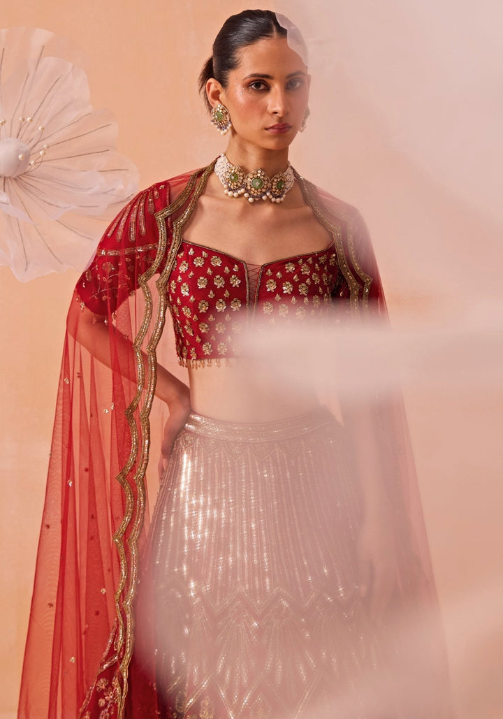 Red Embroidered Bridal Lehenga Set Parul Gandhi - Fabilicious Fashion