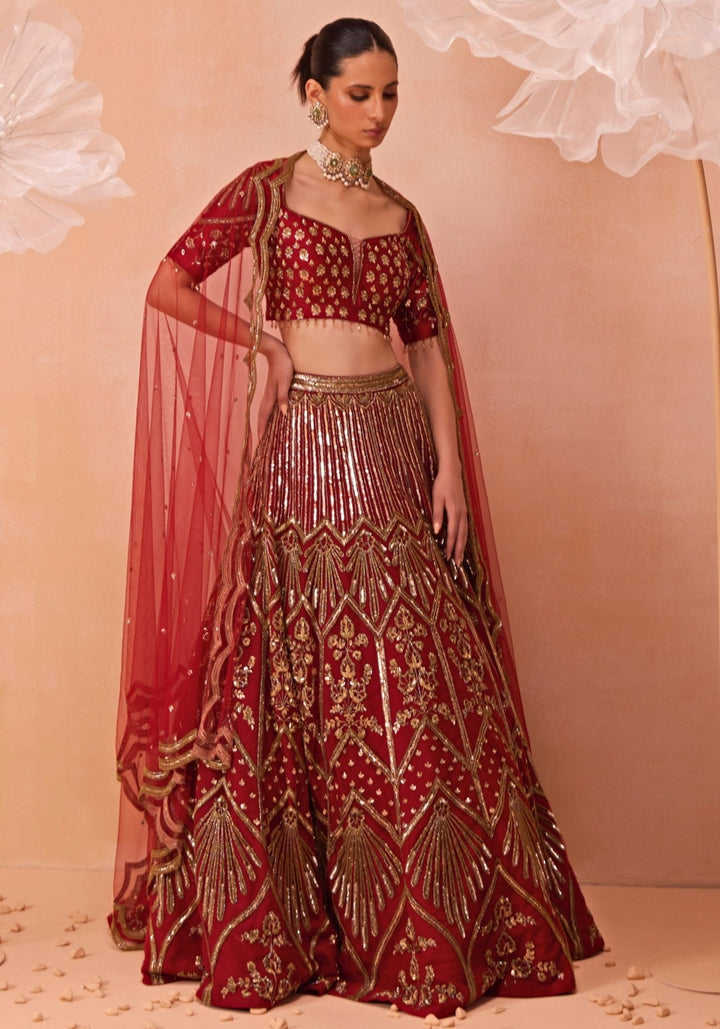 Red Embroidered Bridal Lehenga Set Parul Gandhi - Fabilicious Fashion