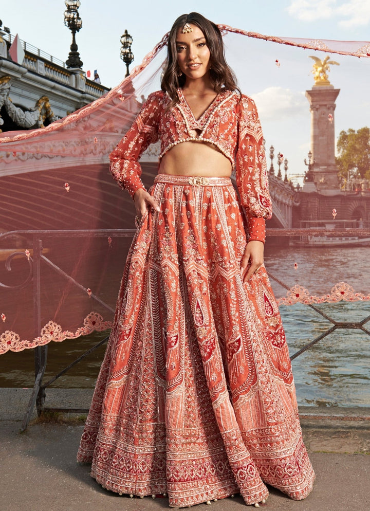Red Embroidered Bridal Lehenga With Puff Sleeve Blouse Jigar and Nikita - Fabilicious Fashion